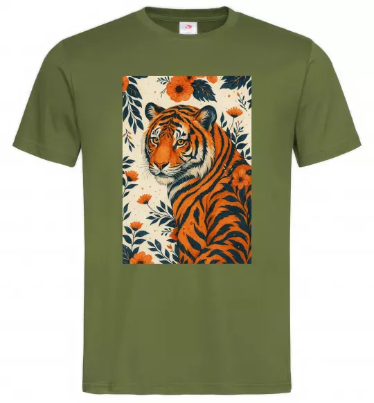 Мужская футболка Tiger flowers Оливковый фото