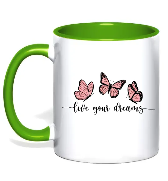 Чашка з кольоровою ручкою Live your dreams Лаймовий фото