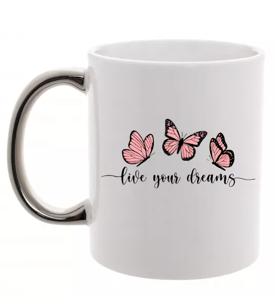Чашка с цветной ручкой Live your dreams Серебро фото