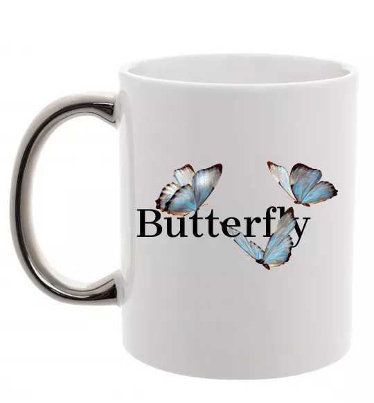 Чашка з кольоровою ручкою Butterfly напис Срібло фото