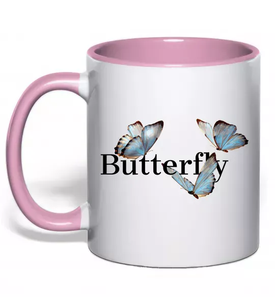 Чашка з кольоровою ручкою Butterfly напис Ніжно рожевий фото