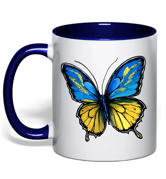 Чашка с цветной ручкой Метелик жовто-блакитний Глубокий темно-синий фото