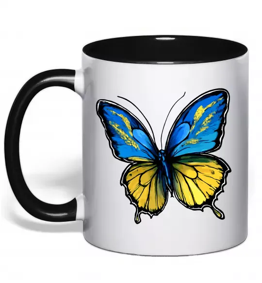 Чашка с цветной ручкой Метелик жовто-блакитний Черный фото