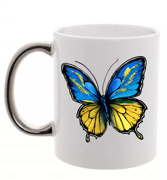 Чашка с цветной ручкой Метелик жовто-блакитний Серебро фото