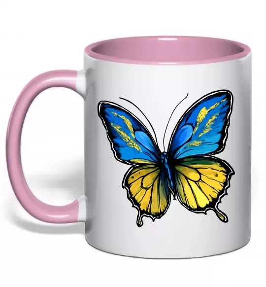 Чашка с цветной ручкой Метелик жовто-блакитний Нежно розовый фото