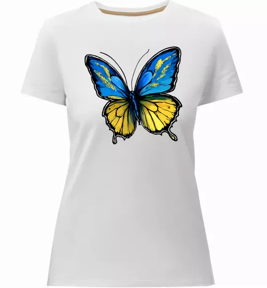Жіноча преміум футболка Метелик жовто-блакитний Білий фото