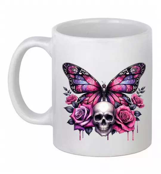 Чашка керамічна Метелик череп та троянди Білий фото