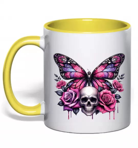 Чашка с цветной ручкой Метелик череп та троянди Солнечно желтый фото