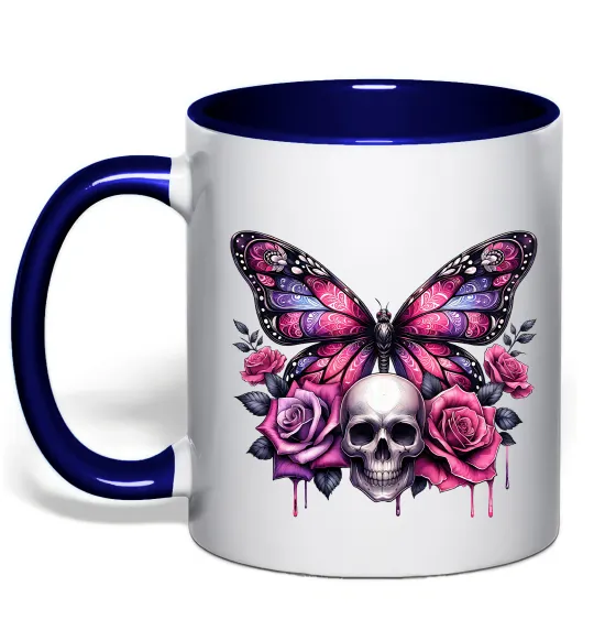Чашка с цветной ручкой Метелик череп та троянди Глубокий темно-синий фото