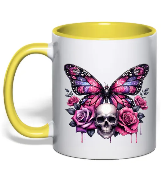 Чашка с цветной ручкой Метелик череп та троянди Лимонный фото