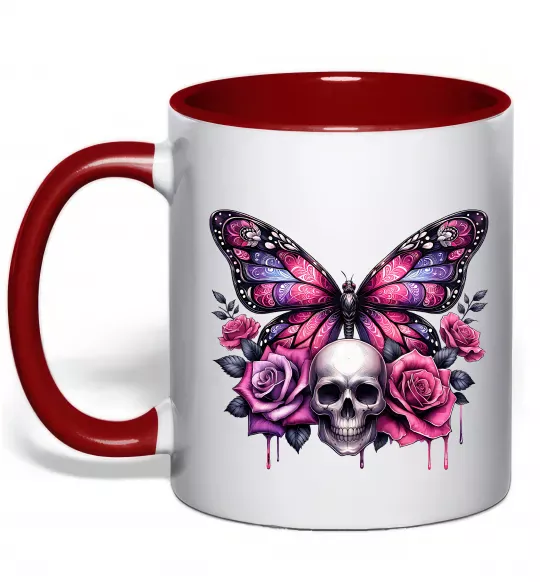 Чашка с цветной ручкой Метелик череп та троянди Красный фото