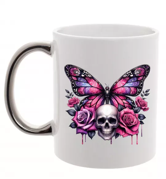 Чашка с цветной ручкой Метелик череп та троянди Серебро фото
