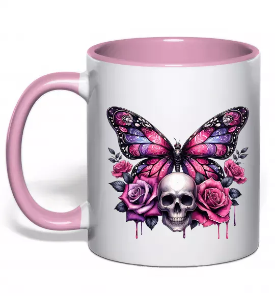 Чашка с цветной ручкой Метелик череп та троянди Нежно розовый фото