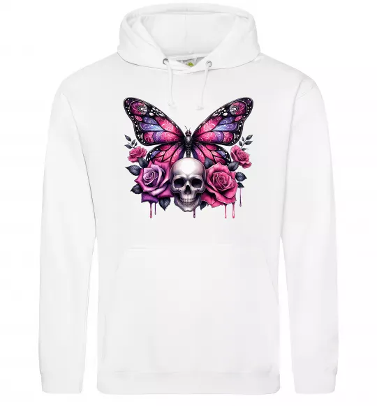 Чоловіча толстовка (худі) Метелик череп та троянди Білий фото