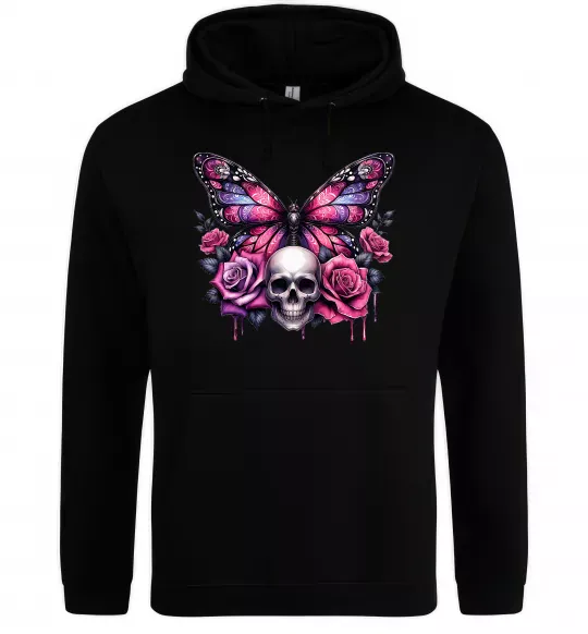 Женская толстовка (худи) Метелик череп та троянди Черный фото