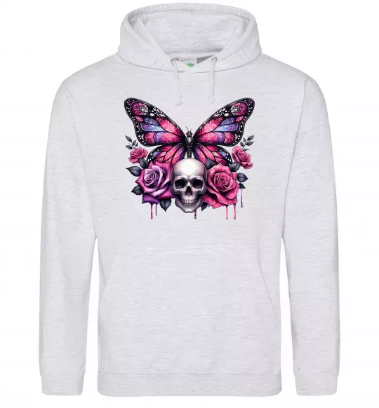 Женская толстовка (худи) Метелик череп та троянди Серый меланж фото