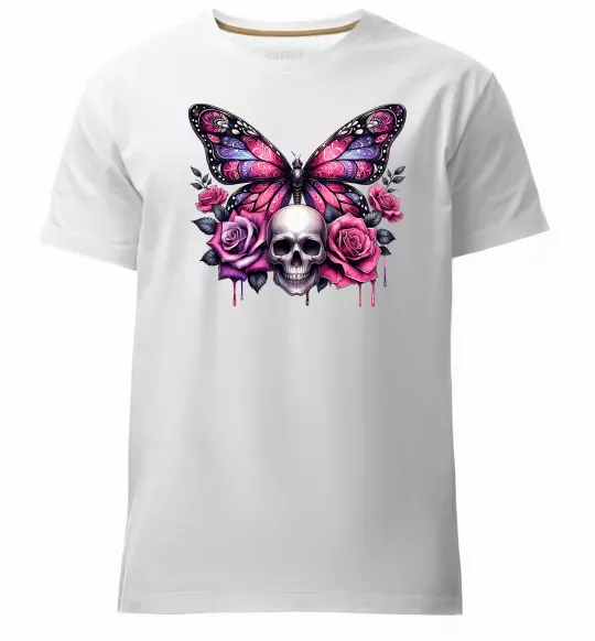 Мужская премиум футболка Метелик череп та троянди Белый фото