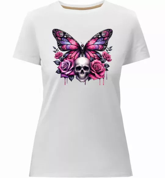 Женская премиум футболка Метелик череп та троянди Белый фото