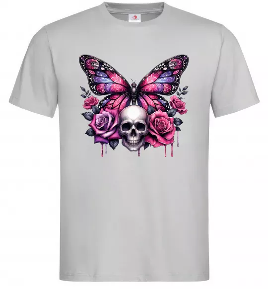 Мужская футболка Метелик череп та троянди Серый фото
