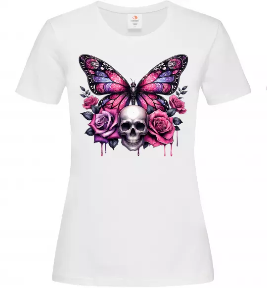 Жіноча футболка Метелик череп та троянди Білий фото
