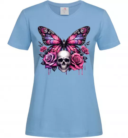 Жіноча футболка Метелик череп та троянди Блакитний фото