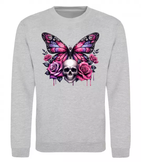 Свитшот Метелик череп та троянди Серый меланж фото