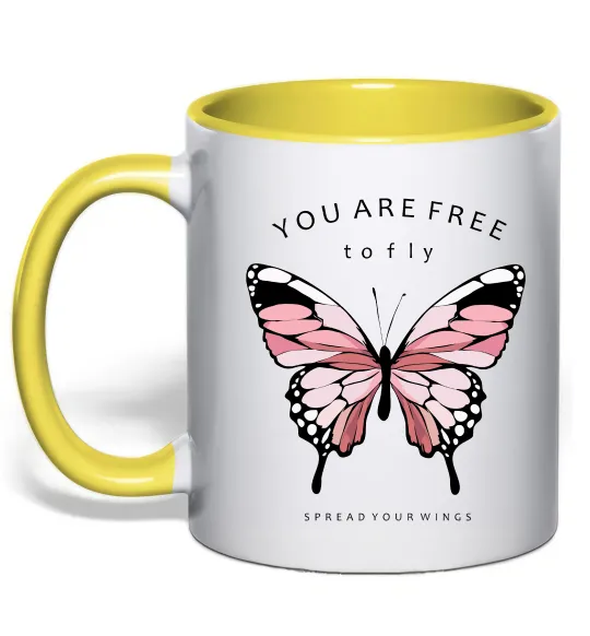 Чашка з кольоровою ручкою You are free to fly Лимонний фото