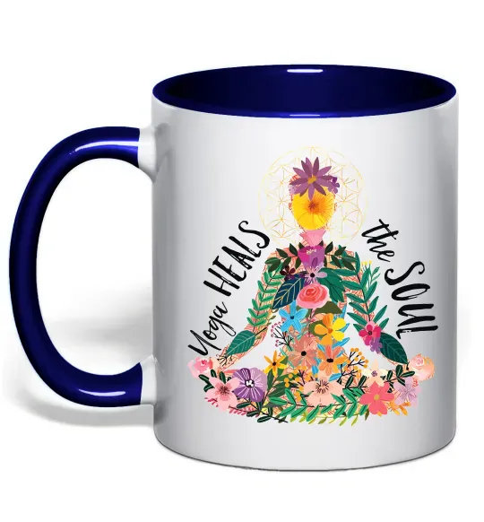 Чашка с цветной ручкой Yoga heals the soul Глубокий темно-синий фото