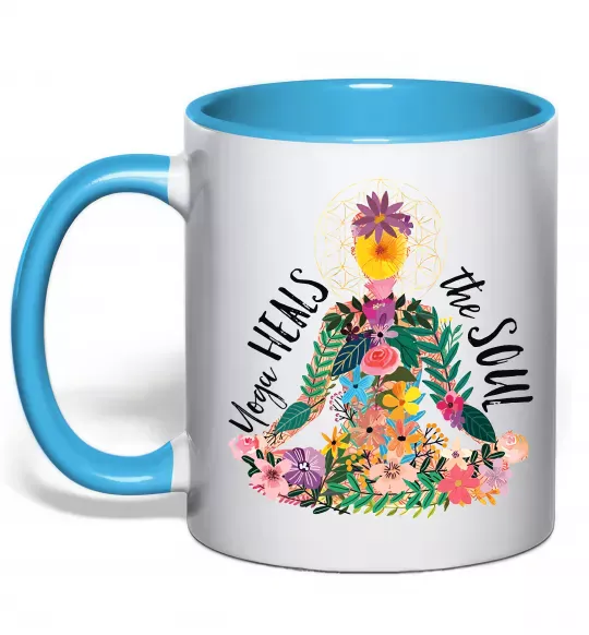 Чашка с цветной ручкой Yoga heals the soul Голубой фото