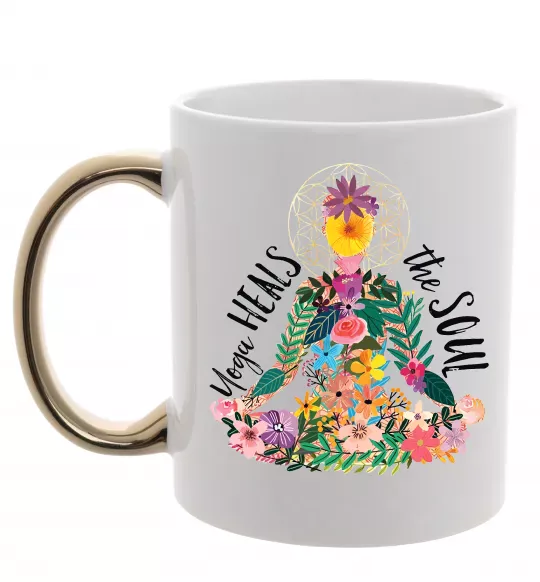 Чашка с цветной ручкой Yoga heals the soul Золото фото