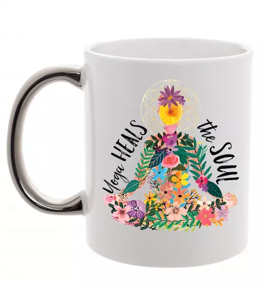 Чашка с цветной ручкой Yoga heals the soul Серебро фото