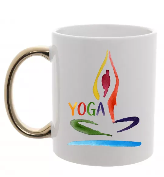 Чашка с цветной ручкой Йога акварель Золото фото