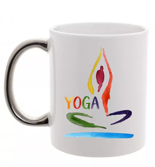 Чашка с цветной ручкой Йога акварель Серебро фото