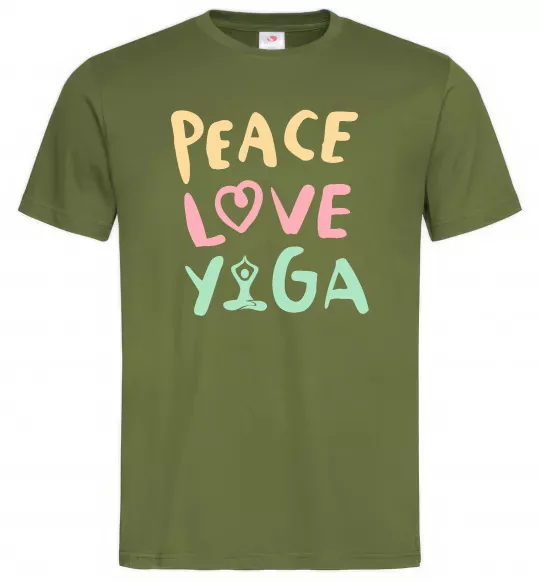 Мужская футболка Peace love yoga Оливковый фото