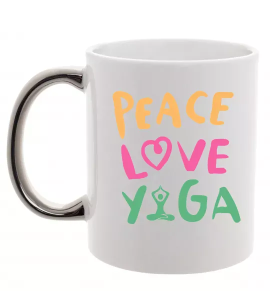 Чашка з кольоровою ручкою Peace love yoga Срібло фото