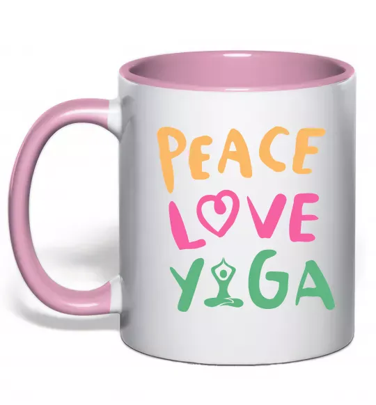 Чашка з кольоровою ручкою Peace love yoga Ніжно рожевий фото