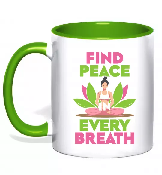 Чашка с цветной ручкой Find peace Зеленый фото