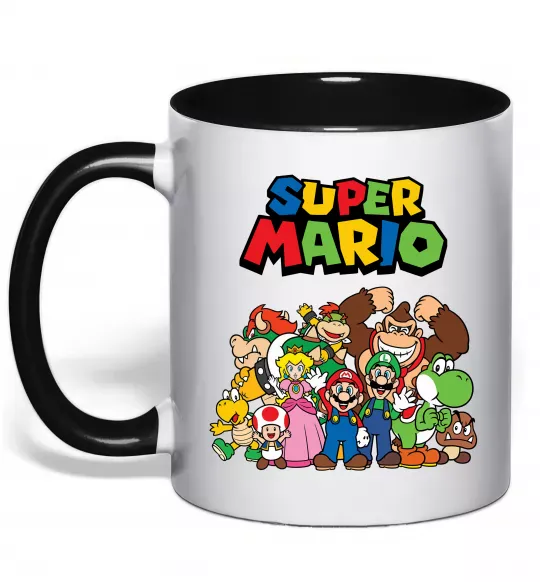 Чашка з кольоровою ручкою Super Mario всі персонажі Чорний фото