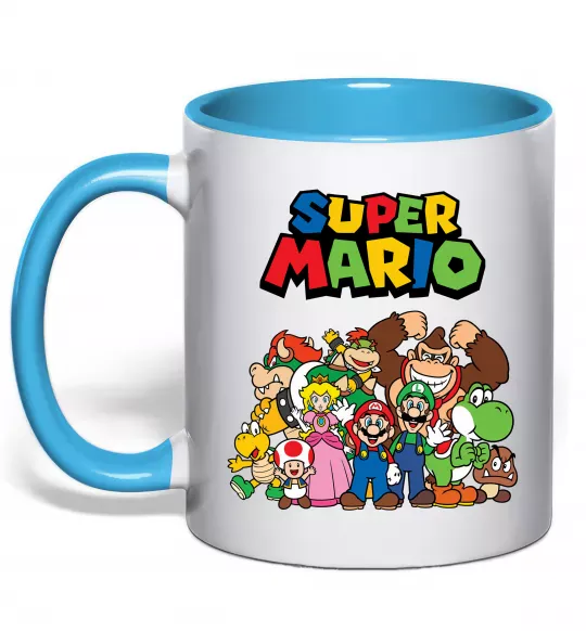 Чашка з кольоровою ручкою Super Mario всі персонажі Блакитний фото