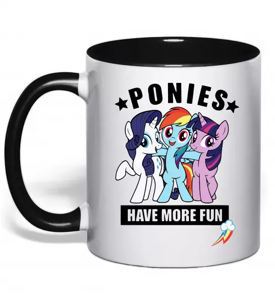 Чашка с цветной ручкой Ponies have more fun Черный фото