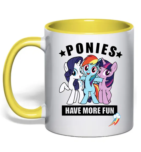 Чашка с цветной ручкой Ponies have more fun Лимонный фото