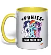 Чашка с цветной ручкой Ponies have more fun Лимонный фото
