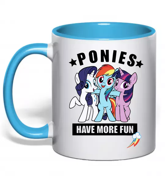 Чашка с цветной ручкой Ponies have more fun Голубой фото