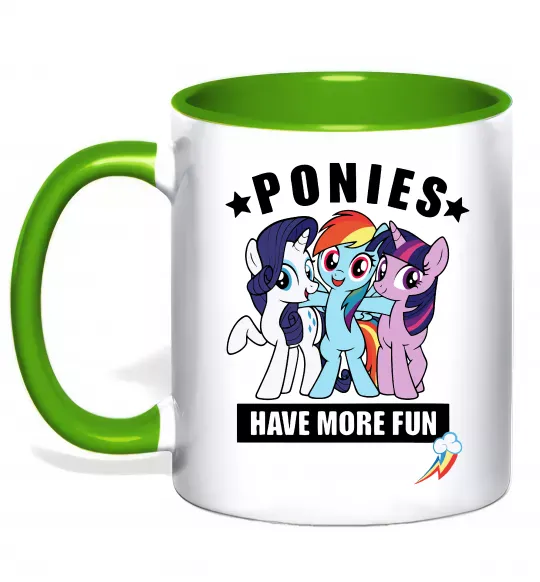Чашка с цветной ручкой Ponies have more fun Зеленый фото