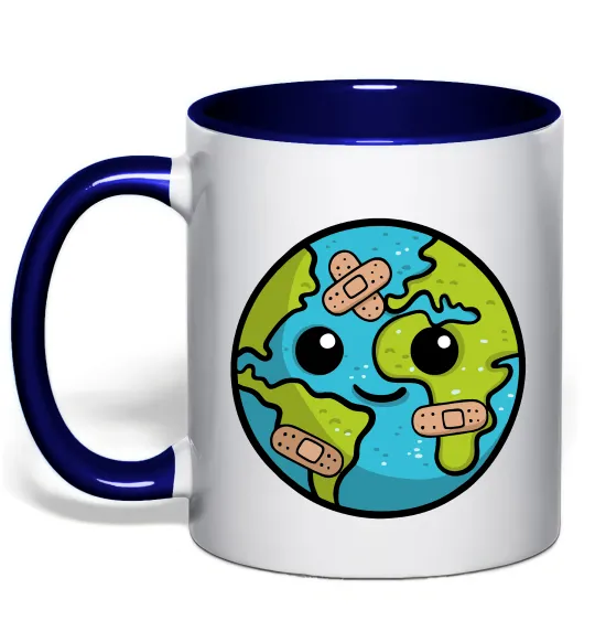 Чашка с цветной ручкой Земля заклеєна пластирями Глубокий темно-синий фото