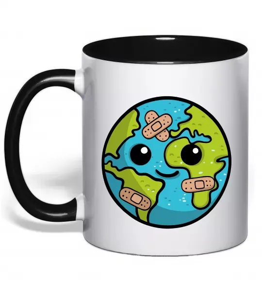 Чашка с цветной ручкой Земля заклеєна пластирями Черный фото