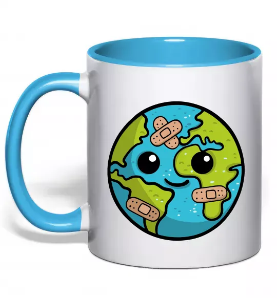 Чашка с цветной ручкой Земля заклеєна пластирями Голубой фото