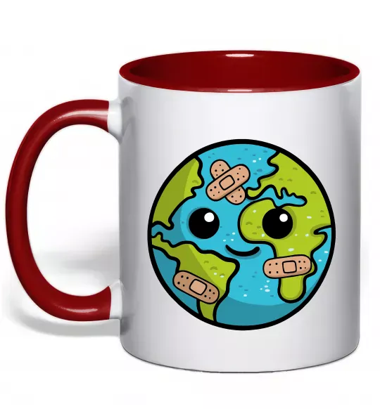 Чашка с цветной ручкой Земля заклеєна пластирями Красный фото