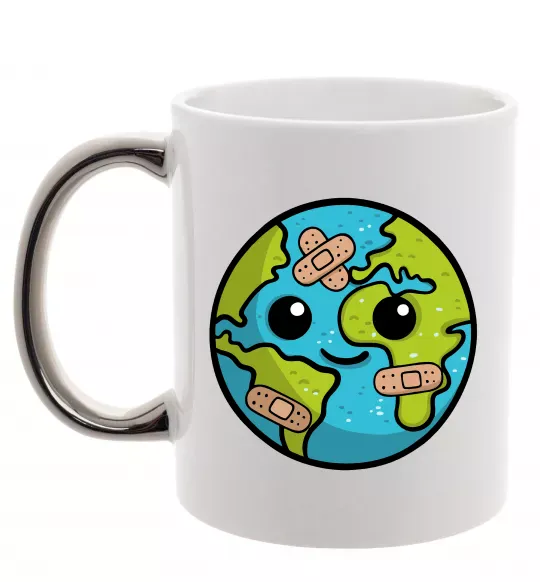 Чашка с цветной ручкой Земля заклеєна пластирями Серебро фото