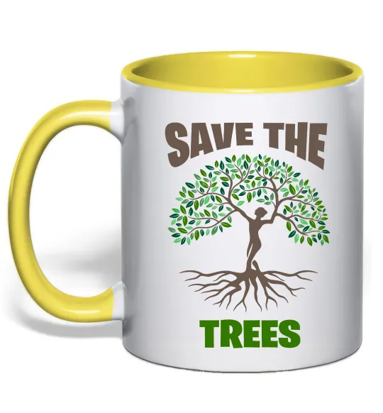 Чашка з кольоровою ручкою Save the trees Лимонний фото